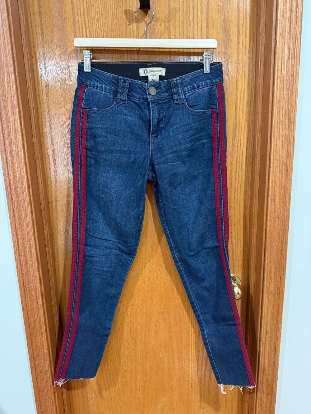 Democracy Ab Technology Jeans size 4 blue with red stripe raw hem